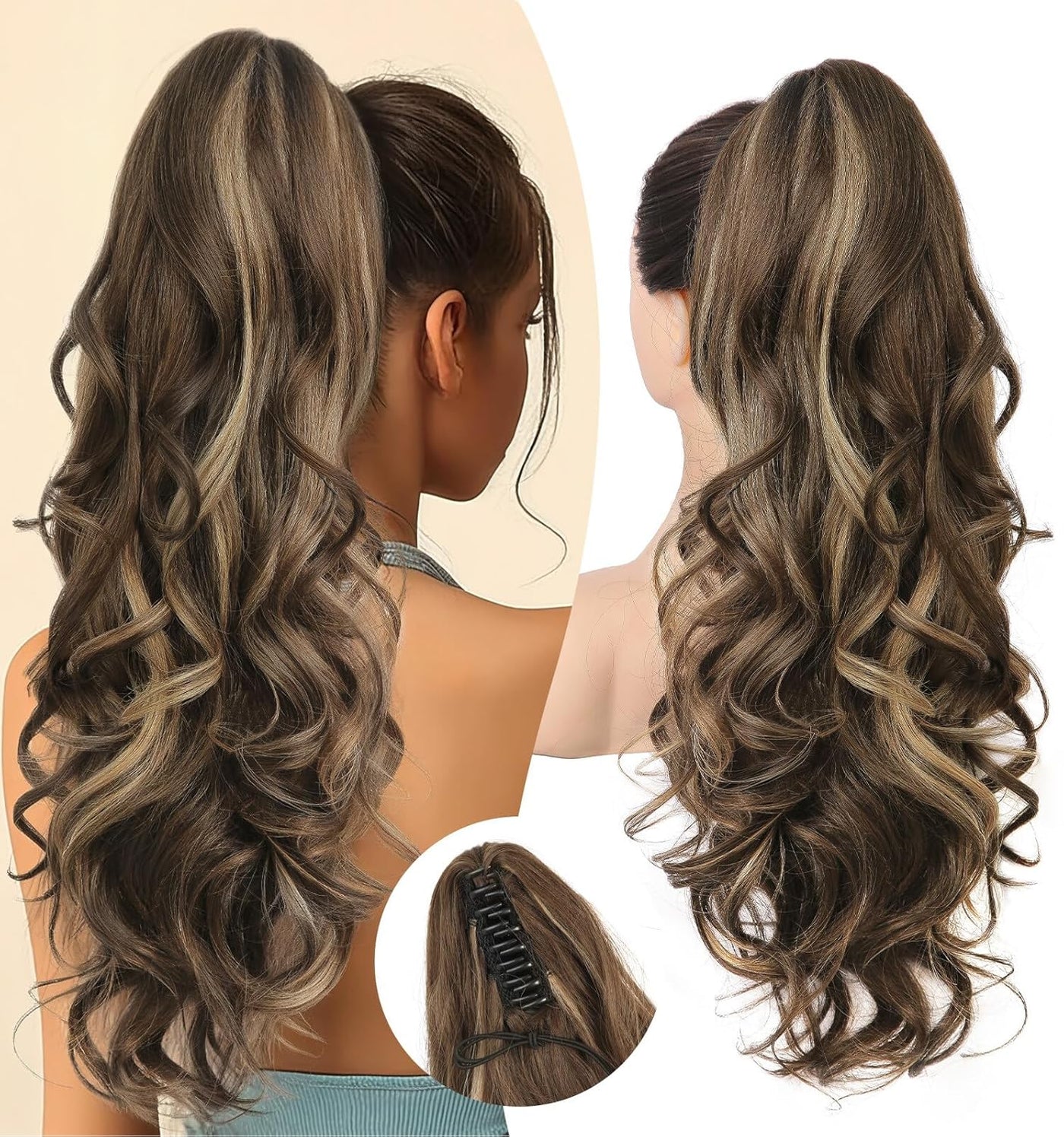 NAYASA Ponytail Extension, 20” Claw Clip Ponytail Extension Curly Clip in Ponytail Long Pony Tails Hair Extensions for Women Fluffy Natural Looking Synthetic Hairpiece