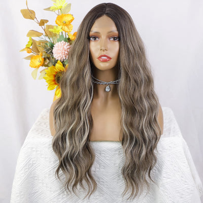 CloudEase Long Wigs for Women Wavy Ombre Wig Middle Part Ash Brown and Bleach Blonde Curly Wigs Natural Looking Hair Replacement Wigs for Party Daily Use